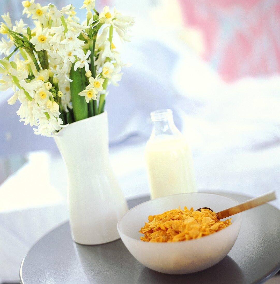 Breakfast still life with cornflakes and milk bottle