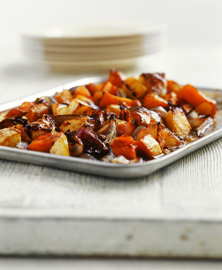 Platter of caramelised baked vegetables