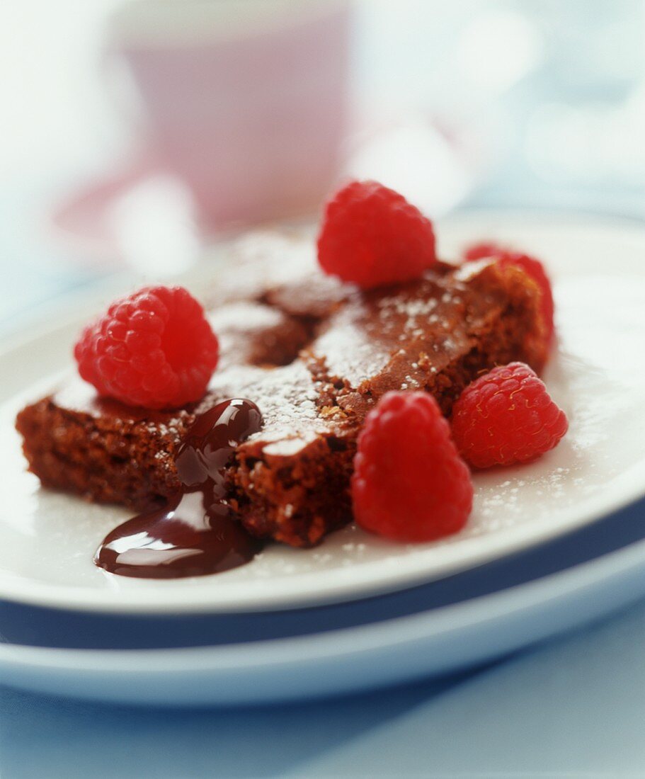 Stück Schokoladenkuchen mit Himbeeren und Schokosauce