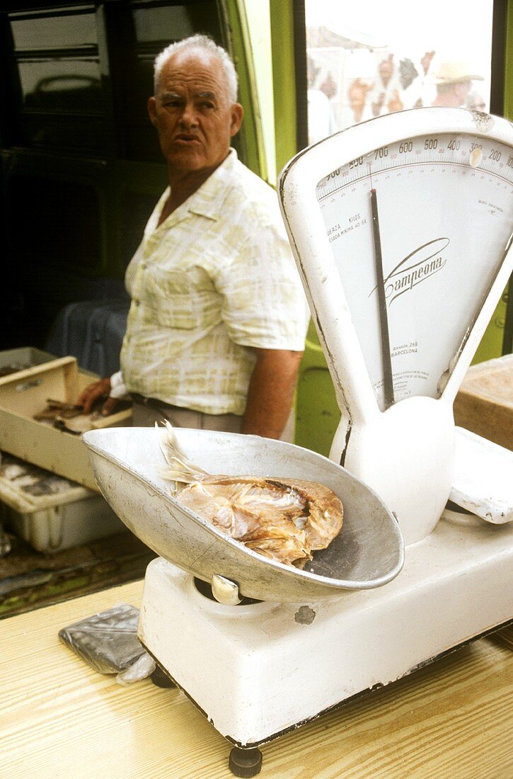 Getrockneter Fisch in einer Waagschale an einem Marktstand