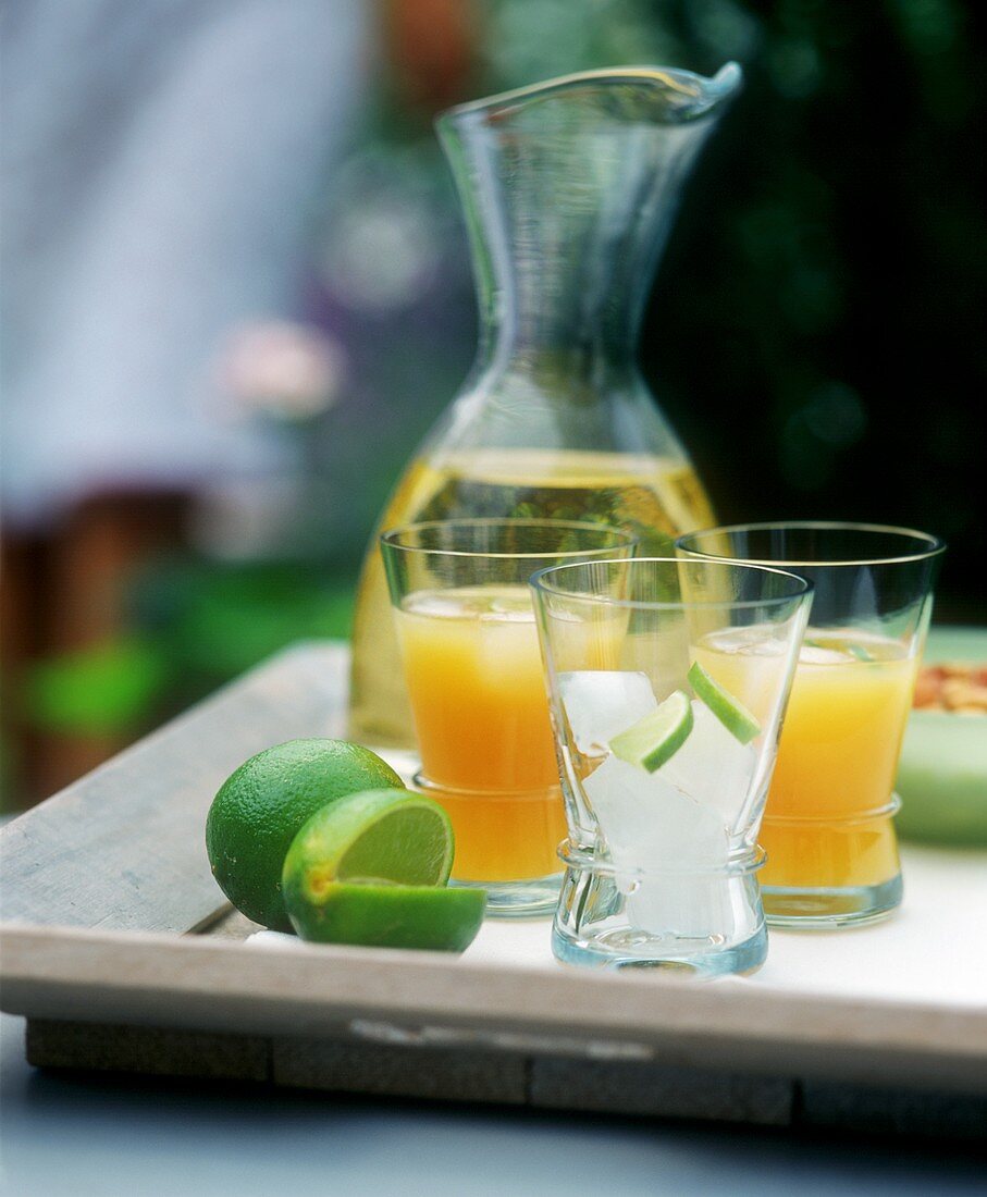 Tablett mit Gläsern und Karaffe (Apfelsaft und Orangensaft)