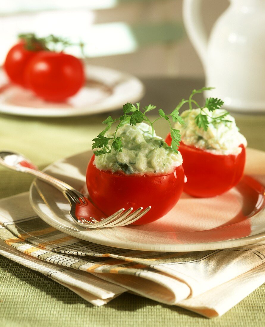 Mit Kräutertsatsiki gefüllte Tomaten