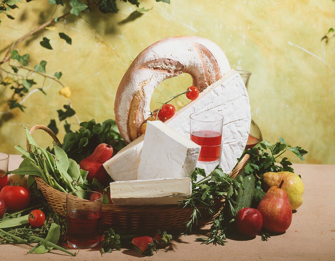 French Brie in a basket with bread