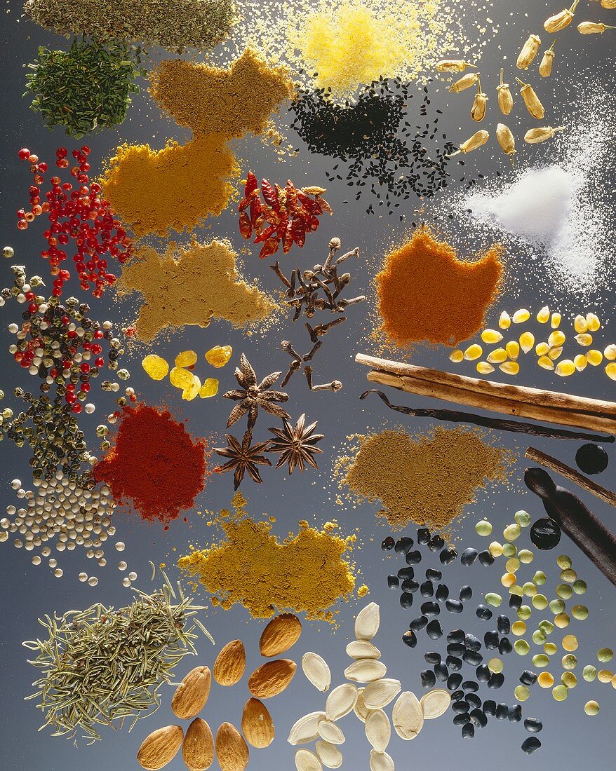 Spice still life on sheet of glass