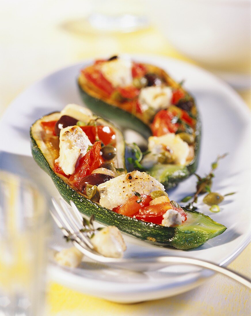 Courgettes stuffed with capers and Roquefort