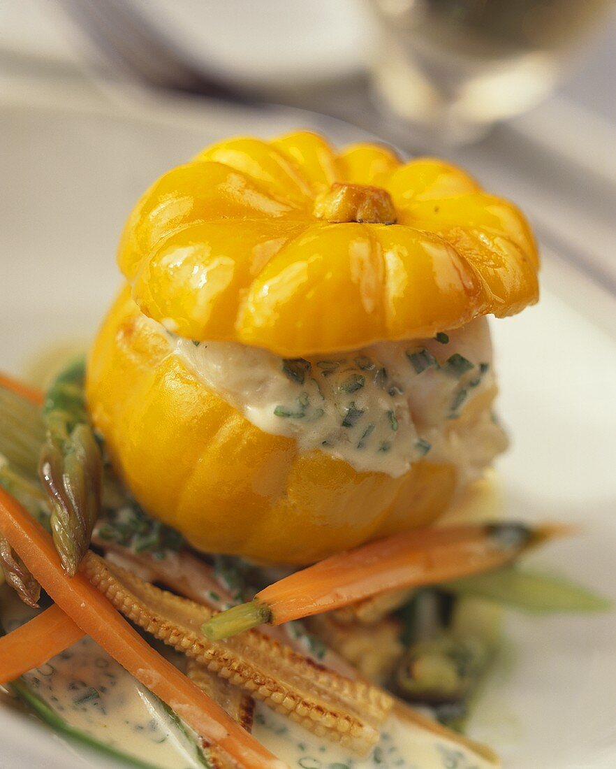 Steamed baby pumpkin stuffed with smoked fish tartare