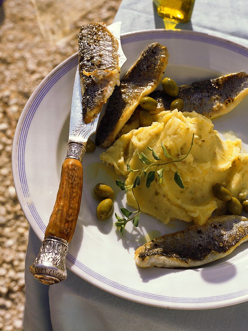 Sea bass with mashed potato and olives (France)