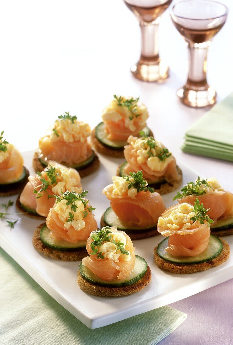 Smoked salmon nests on rounds of toast