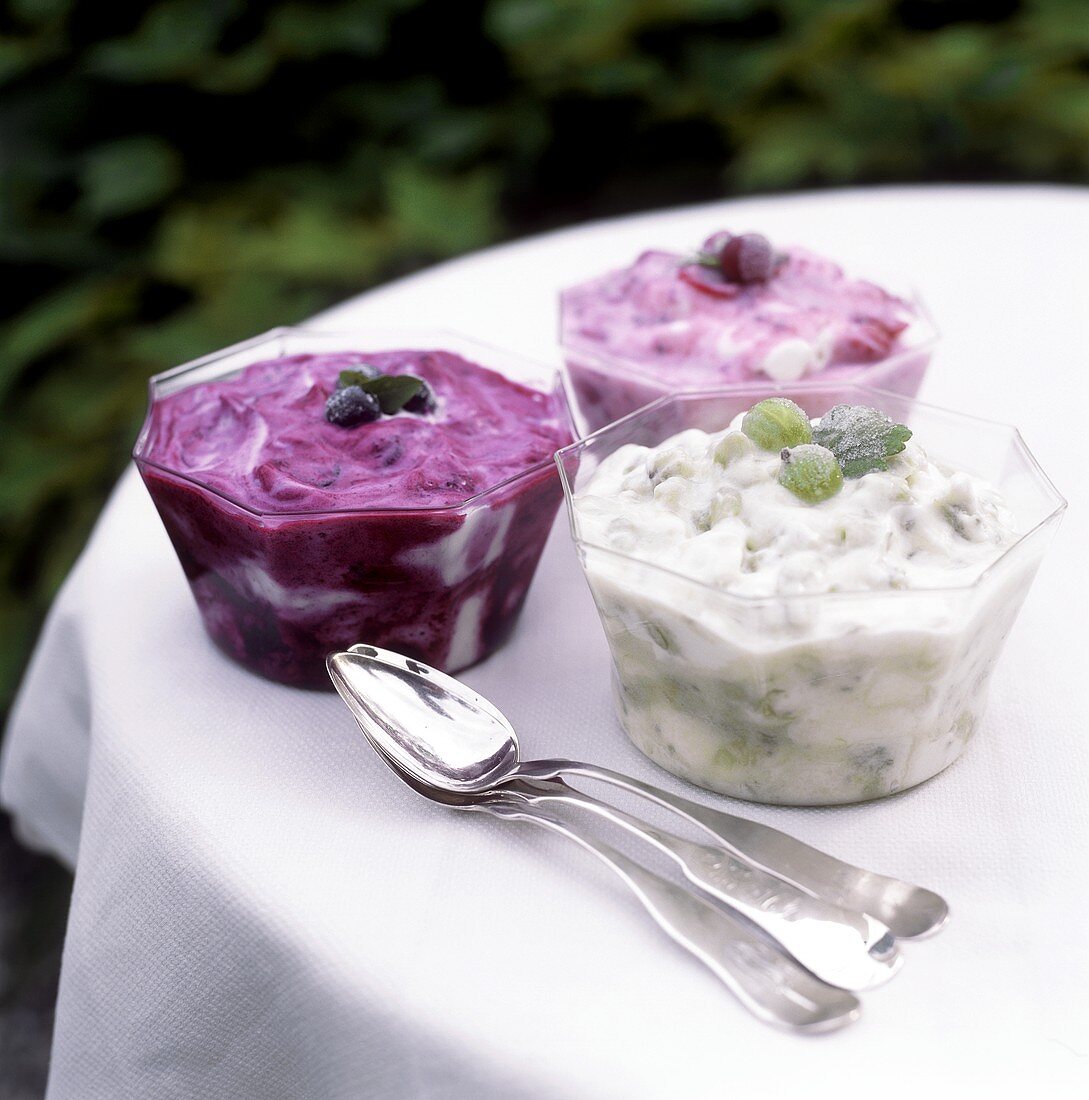Gooseberry mousse, blueberry mousse and cherry mousse