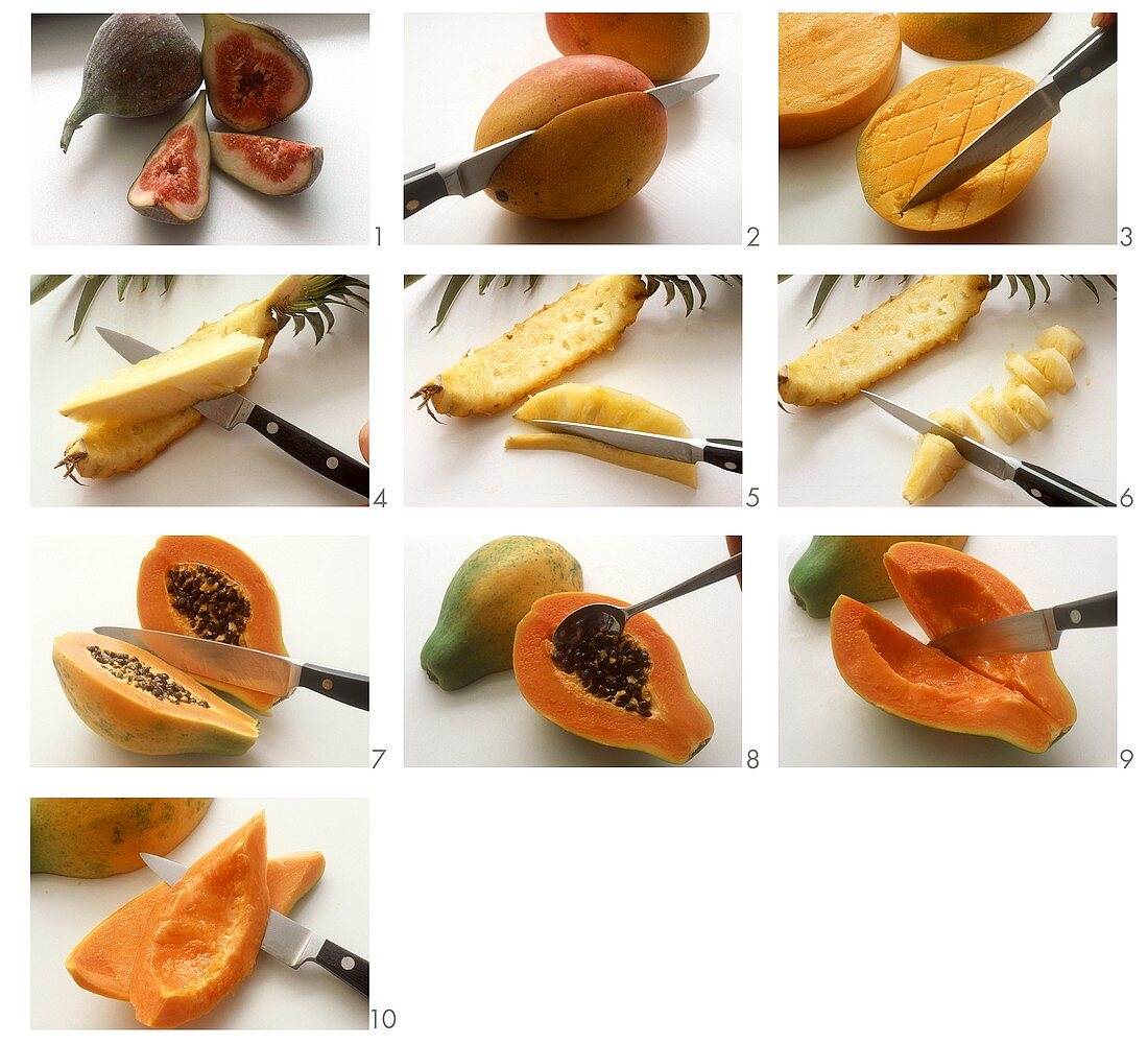 Früchteteller mit Ananas, Mango, Papaya und Feige zubereiten
