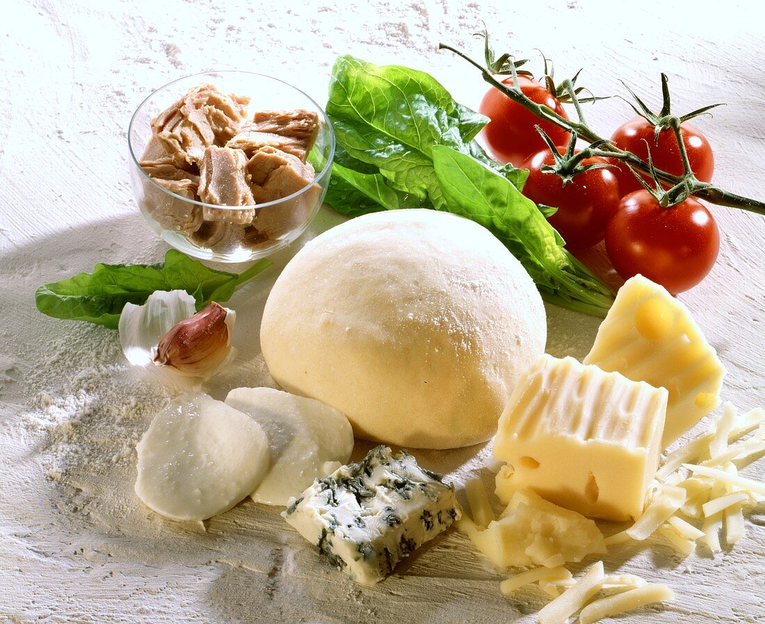 Ingredients for pizza: pizza dough, cheese, tuna, tomatoes