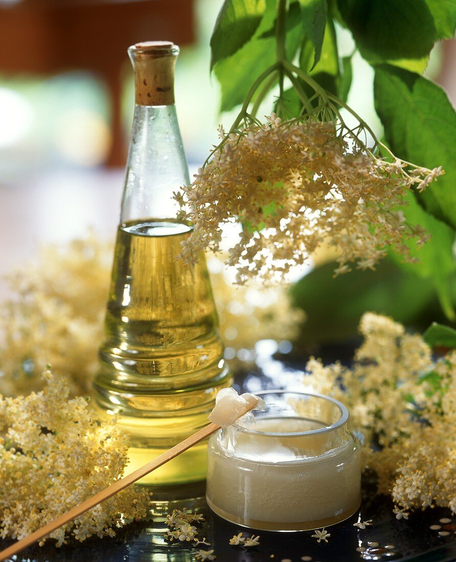 Elderflowers, elderflower oil and face cream