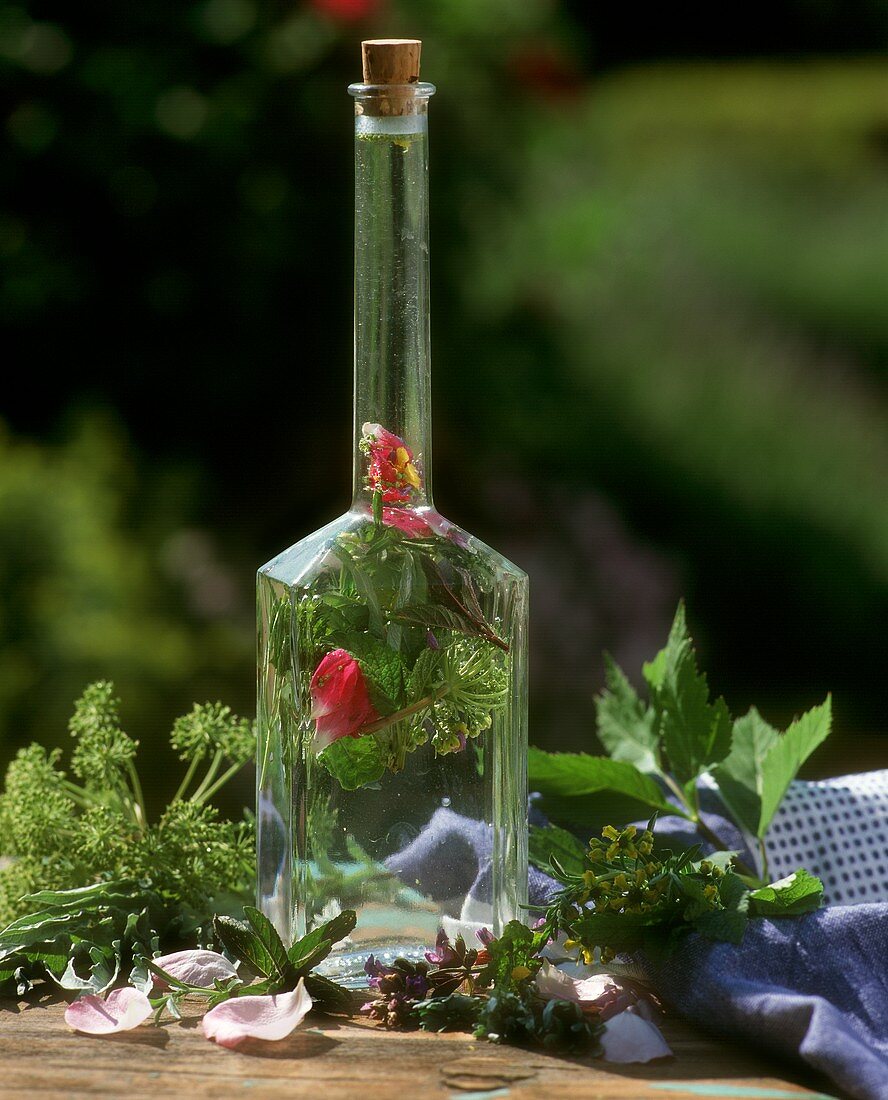 Soothing liqueur with flowers and lemon balm