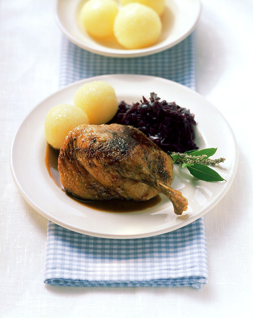 Duck leg with red cabbage and dumplings