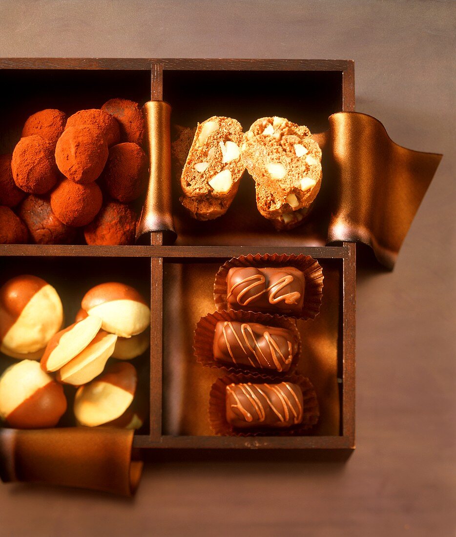 Assorted chocolates in a wooden box