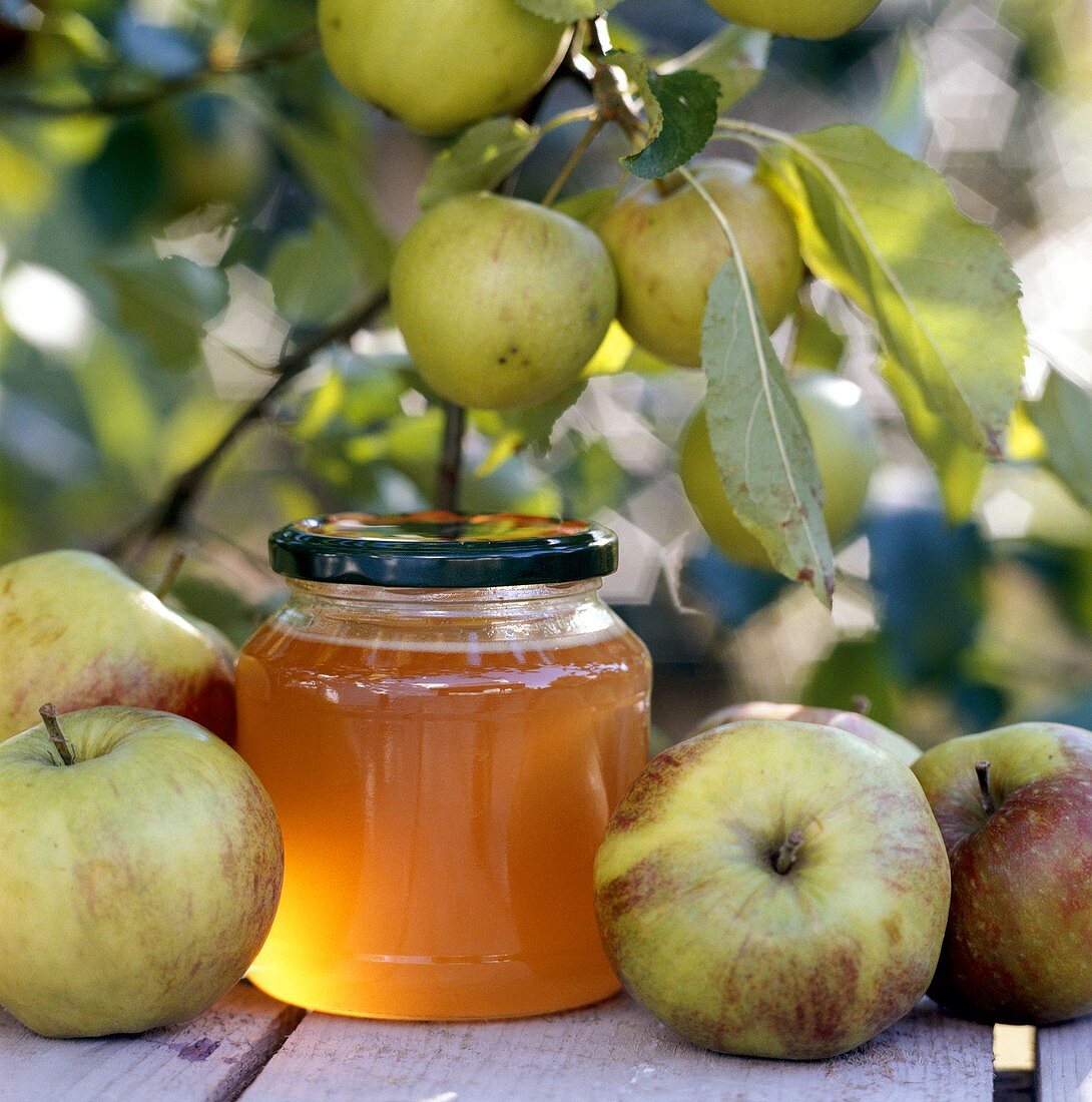 Home-made apple jelly and apples