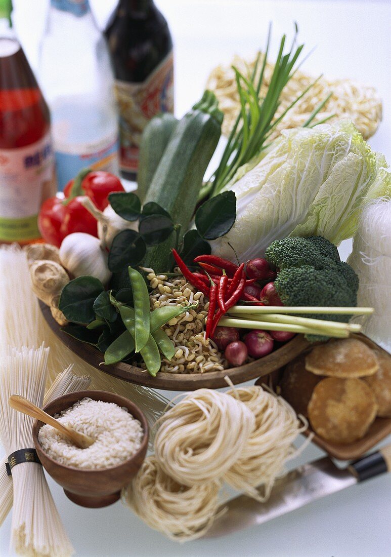 Asian vegetables, noodles, rice, mushrooms and sauces