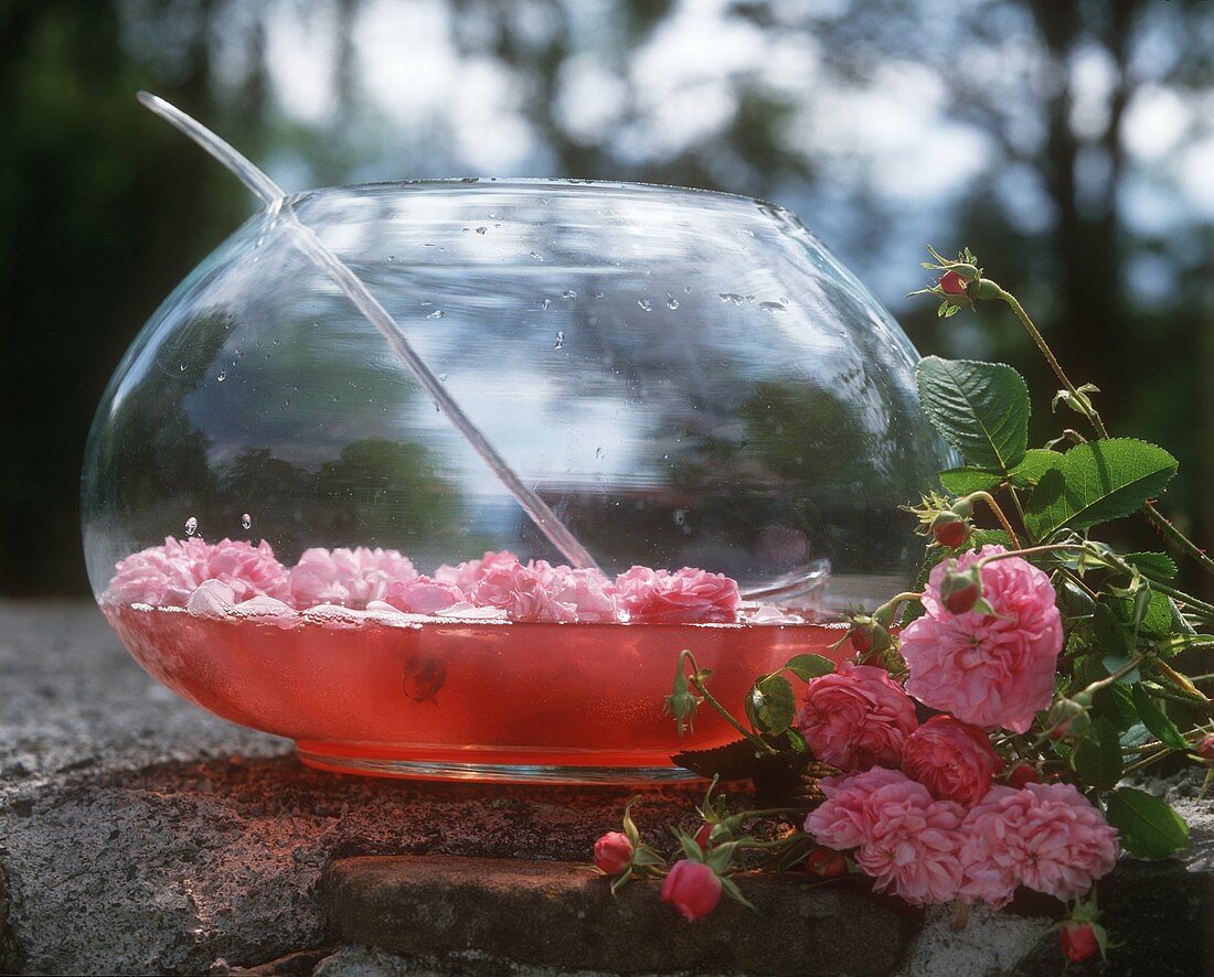 Rose punch in a punch bowl