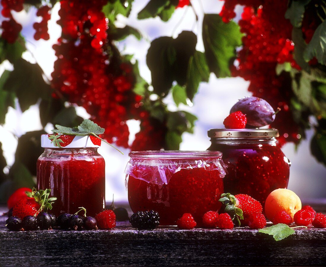 Stillleben mit drei roten Marmeladen