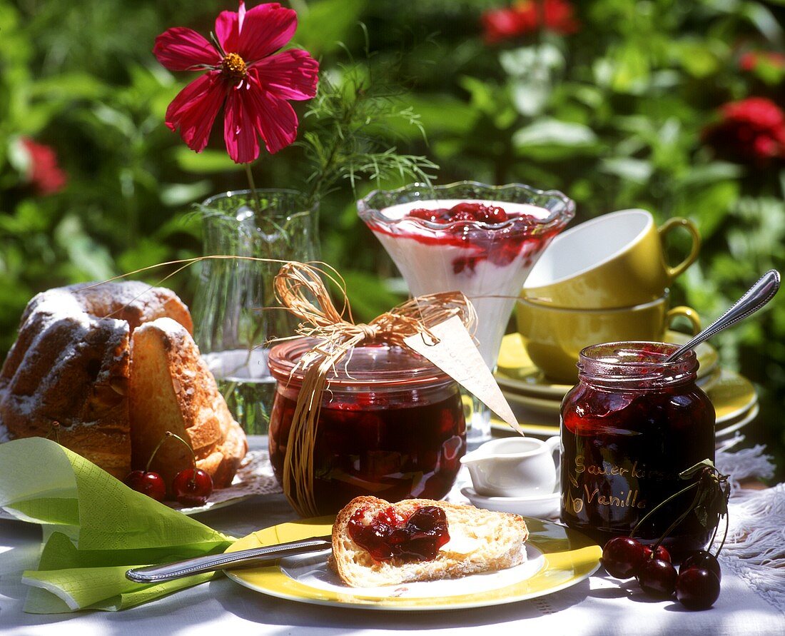 Sour cherry jam on breakfast table