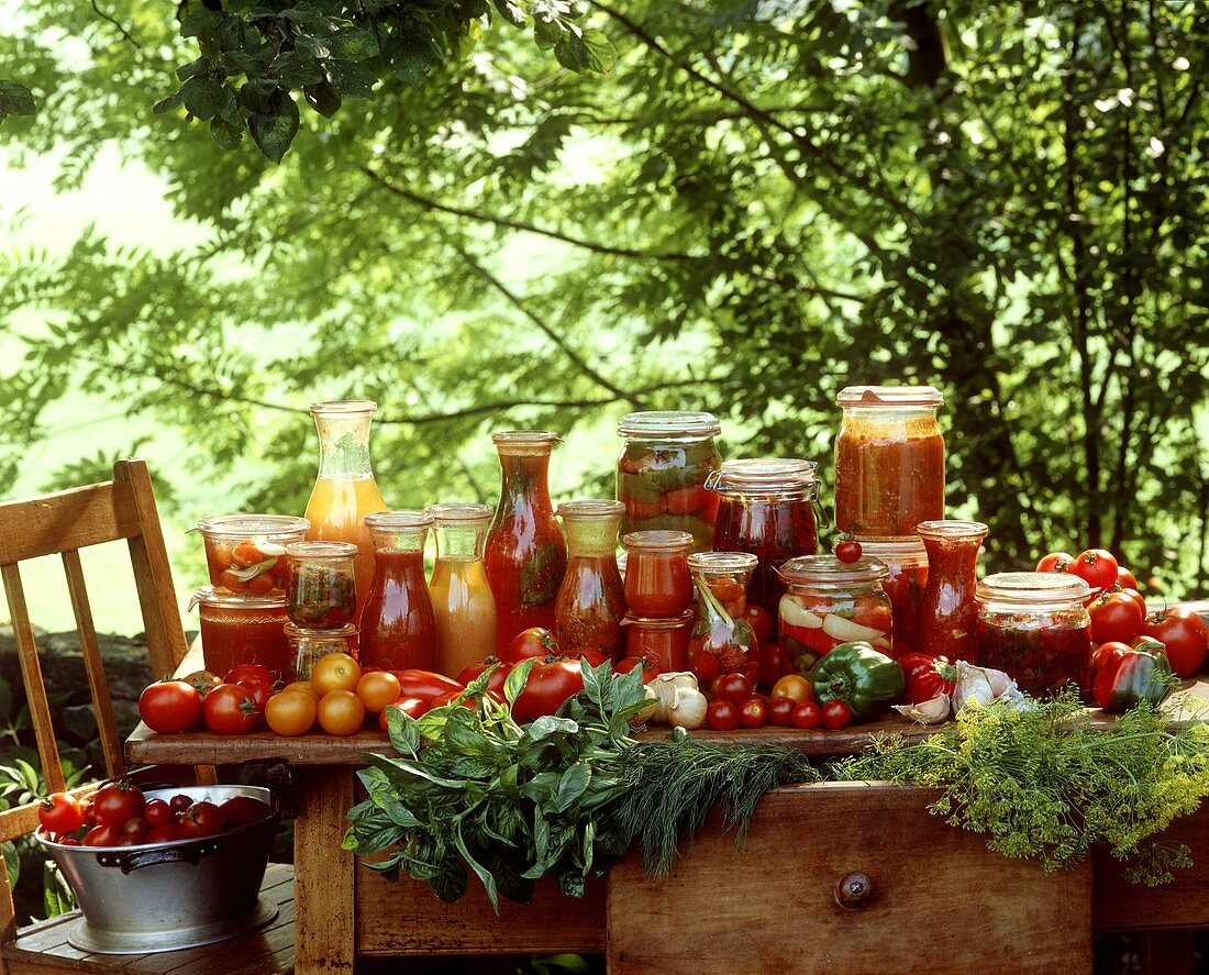 Verschiedenes Eingemachtes aus Tomaten auf Gartentisch