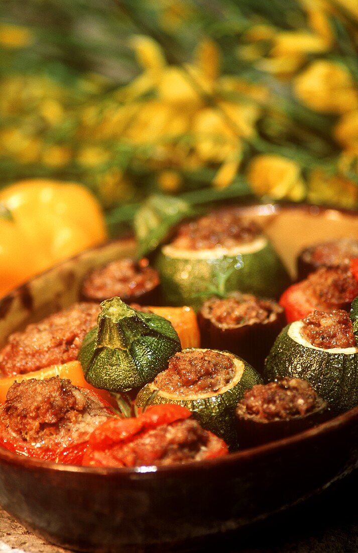 Stuffed tomatoes, aubergines and round courgettes