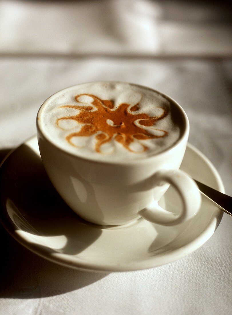Cappuccino with delicate cocoa pattern on milk froth