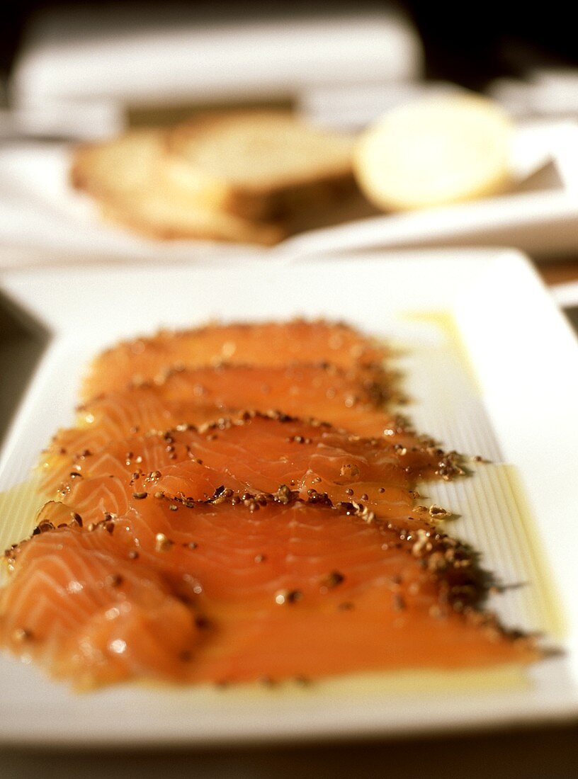 Tasmanian smoked salmon on white serving plate