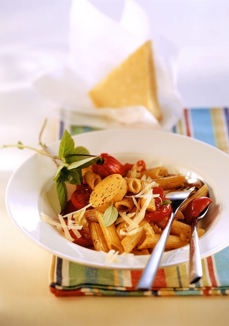 Penne mit Kirschtomaten, Paprikabutter und Chilischoten