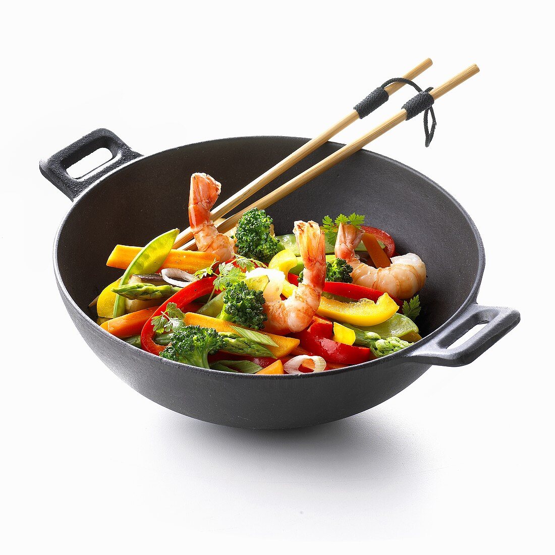 Wok mit Gemüse und Garnelen, Stäbchen