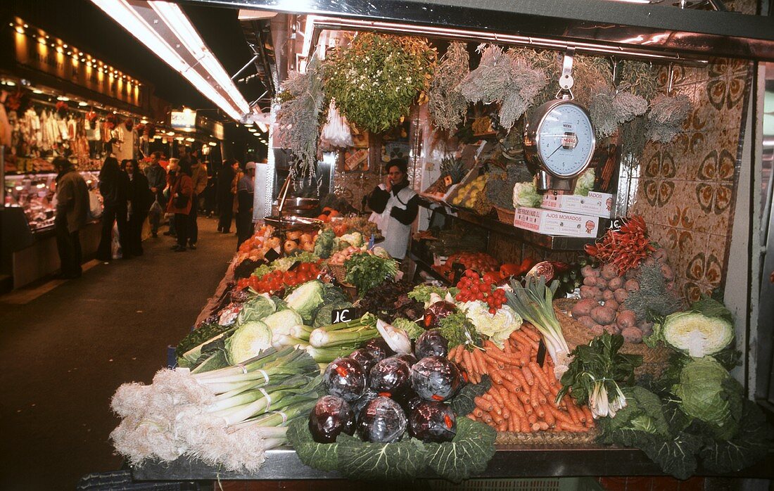 A vegetable stall in the Boqueria in Barcelona, Spain