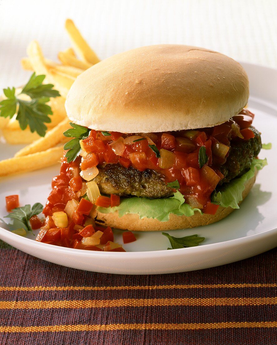 Chili-Burger mit Paprikasauce und Pommes frites