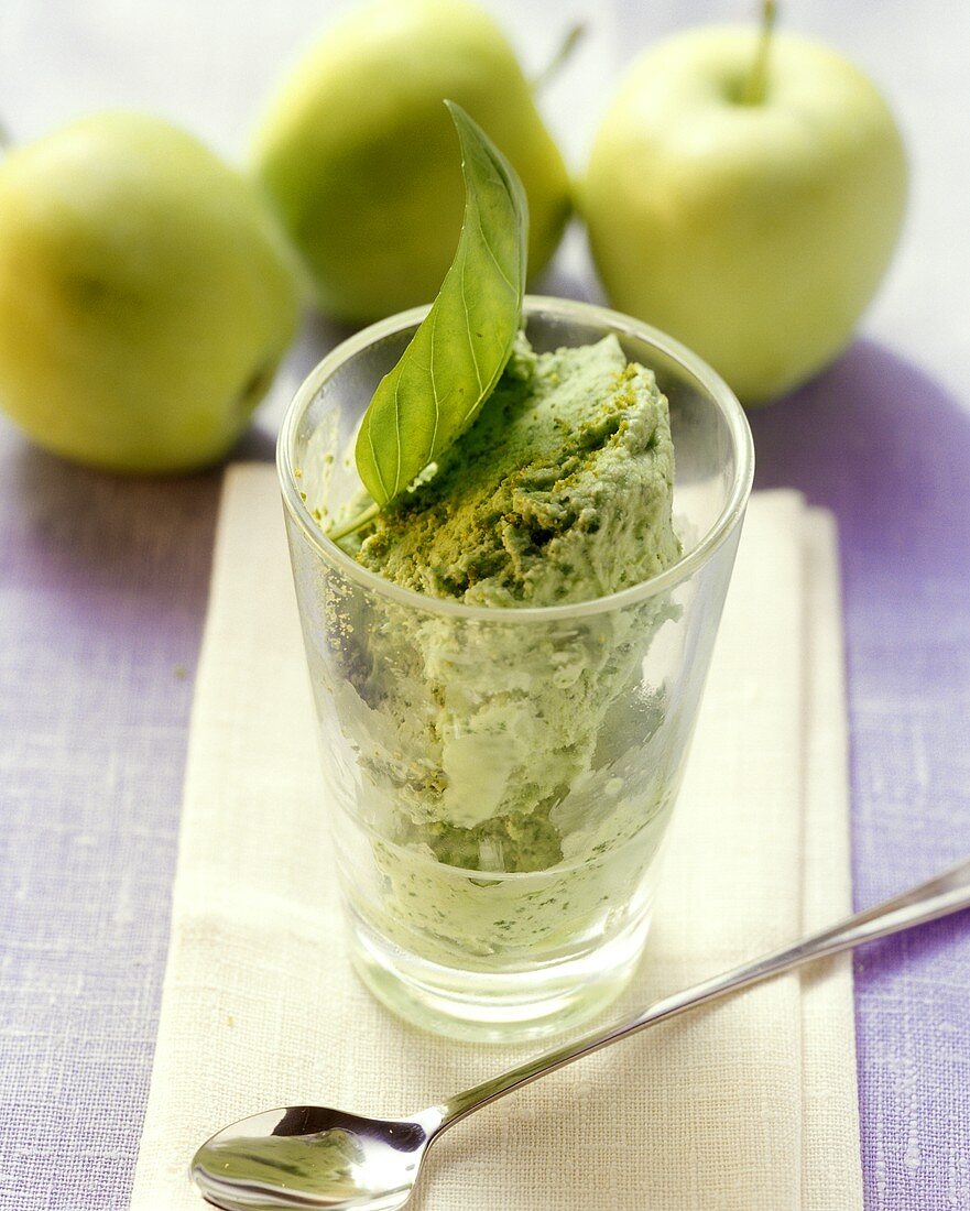 Apple and basil ice cream in glass