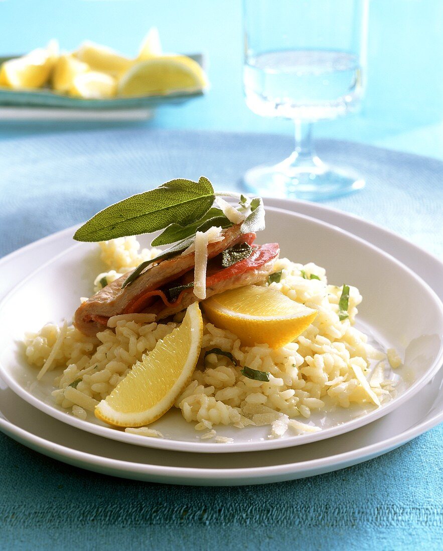 Turkey escalope with ham and sage on lemon risotto