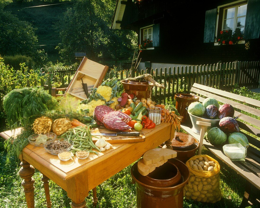Still life: vegetables, spices & pickling utensils in garden