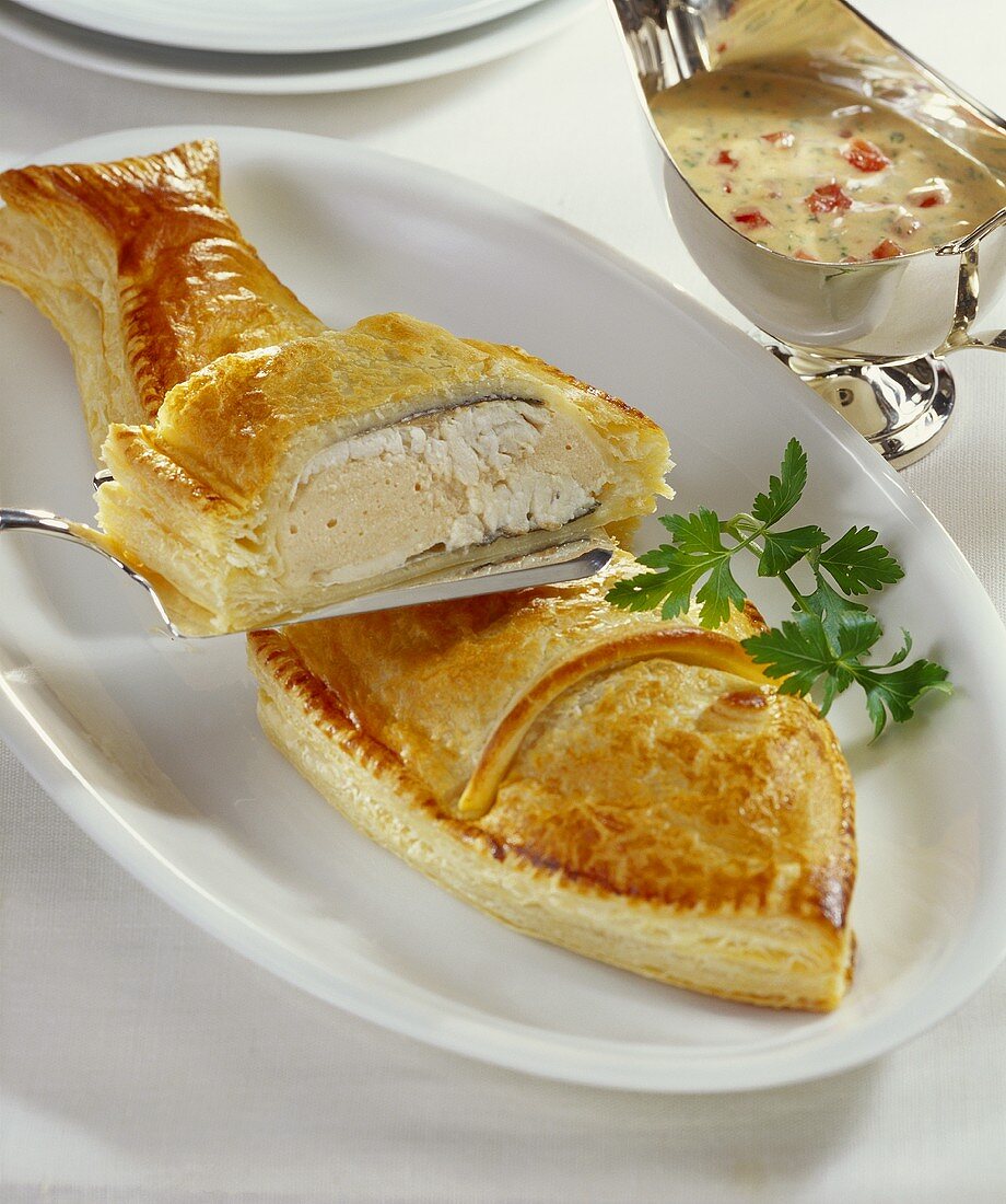 Loup de mer (sea bass) with salmon stuffing in puff pastry