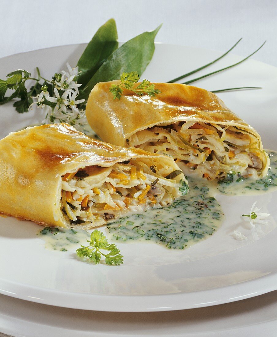 Vegetable strudel with herb sauce