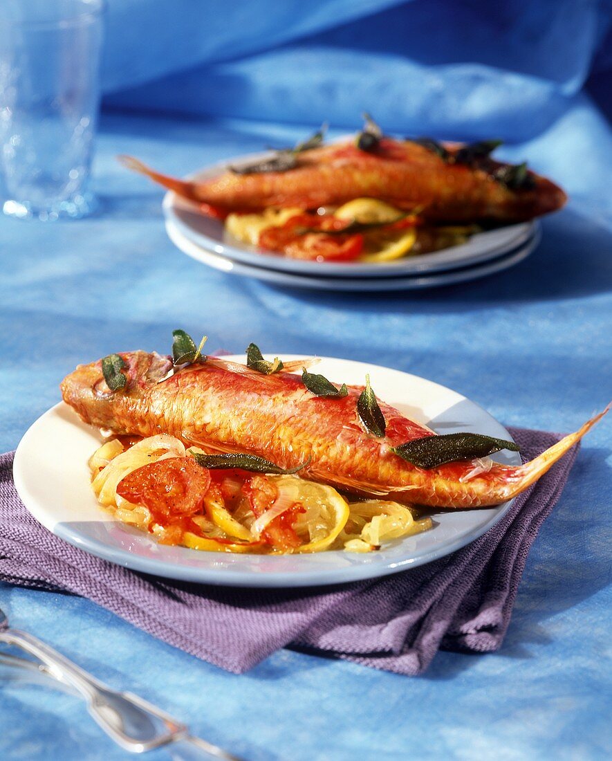 Baked red mullet with sage and oven-baked vegetables