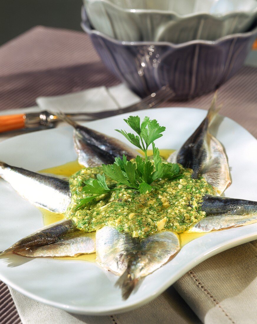 Sarde in salsetta (Sardines with herb sauce, Italy)