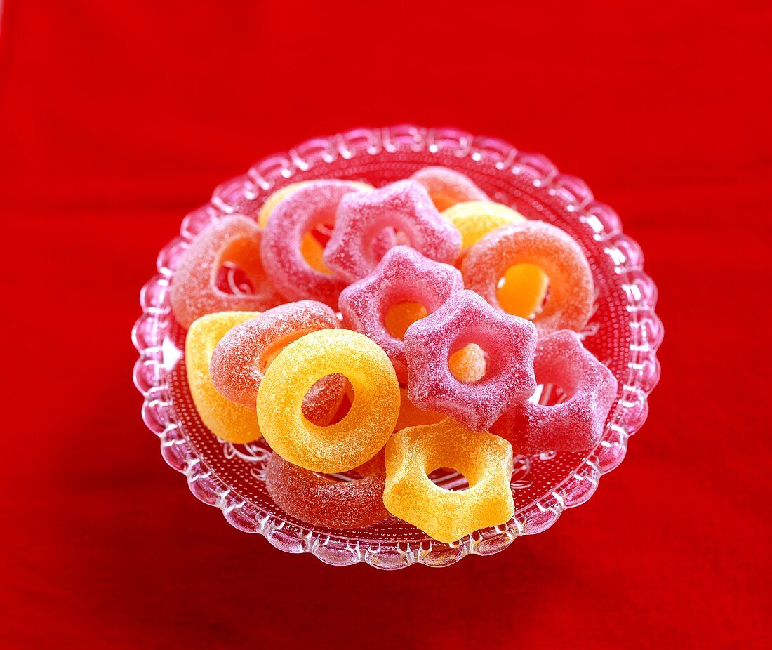 Christmassy jelly sweets in a glass bowl