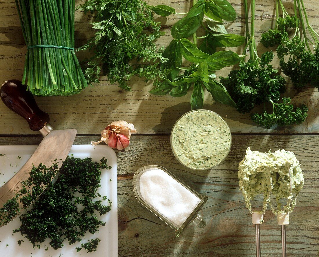 Herb butter and various fresh herbs