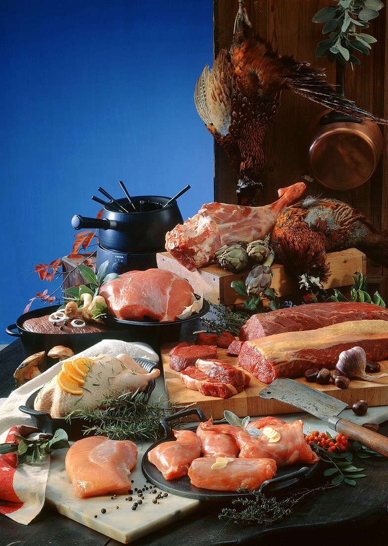 Still life with different kinds of meat and poultry