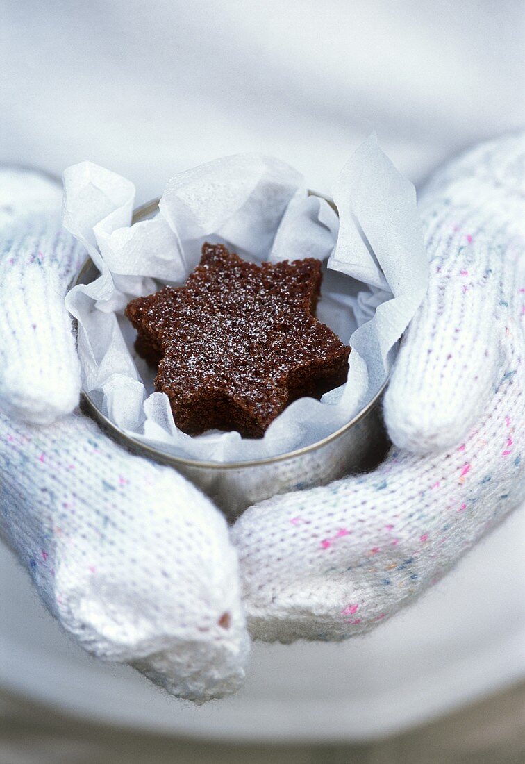 Hands holding tin containing star-shaped chocolate cake