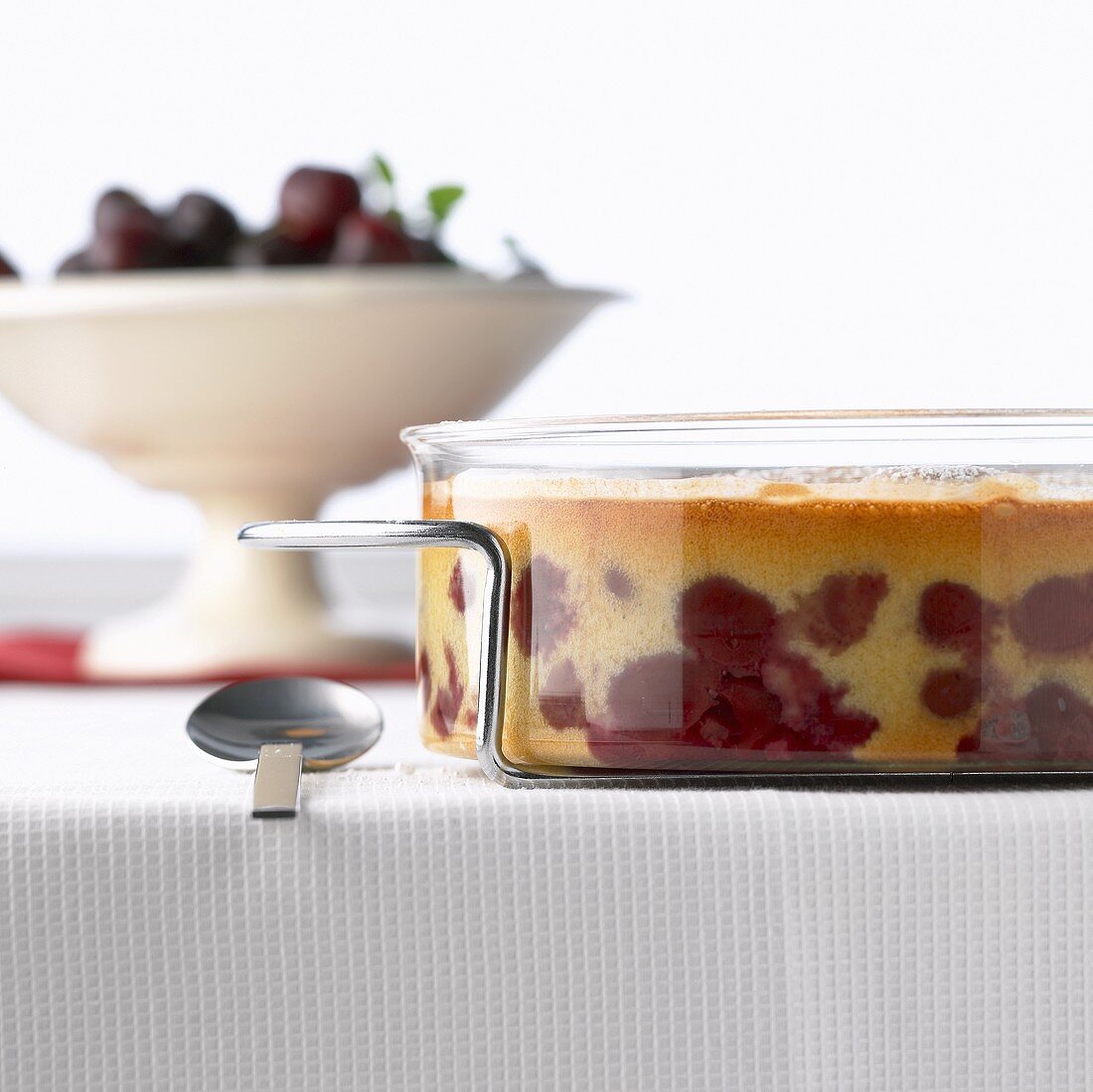 French cherry pudding in a glass dish