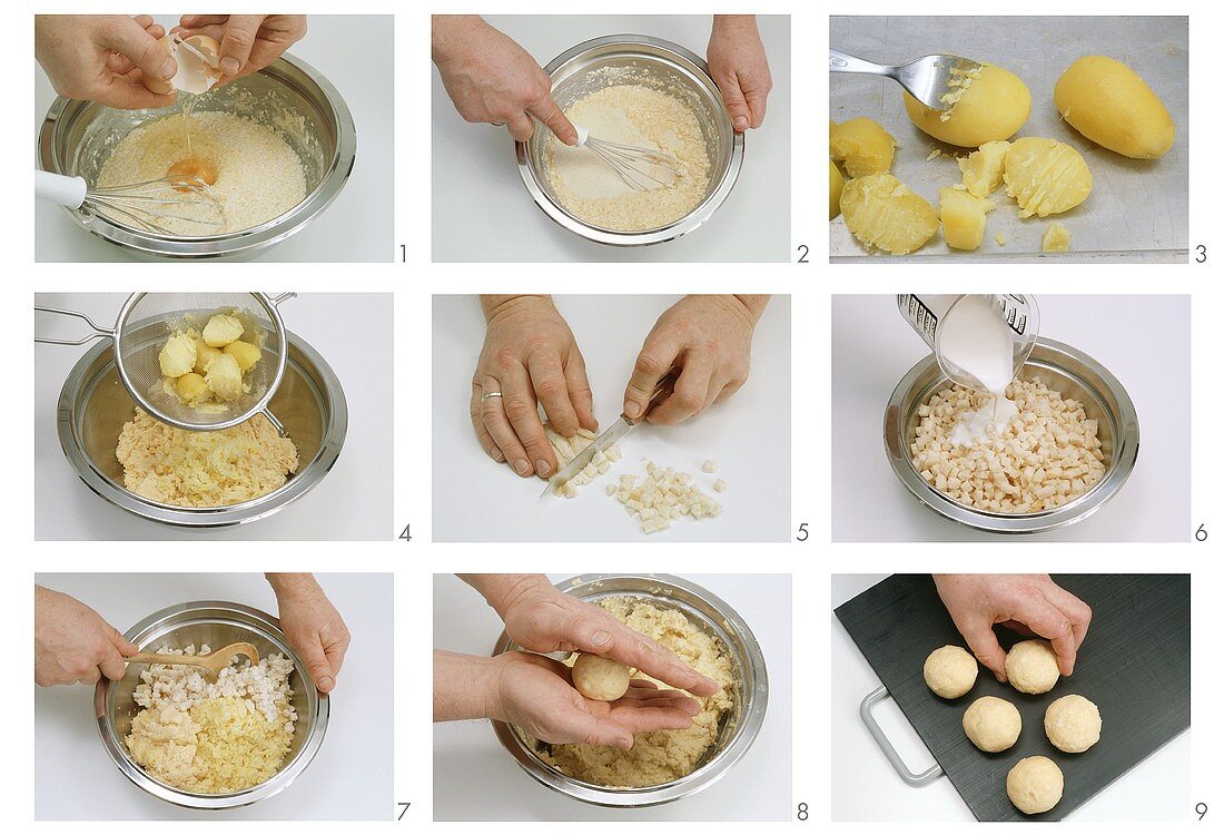 Making potato and bread dumplings with corn meal
