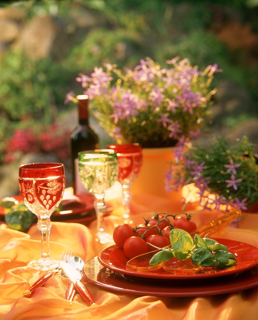 Gedeckter Tisch mit Tomaten und Basilikum im Freien