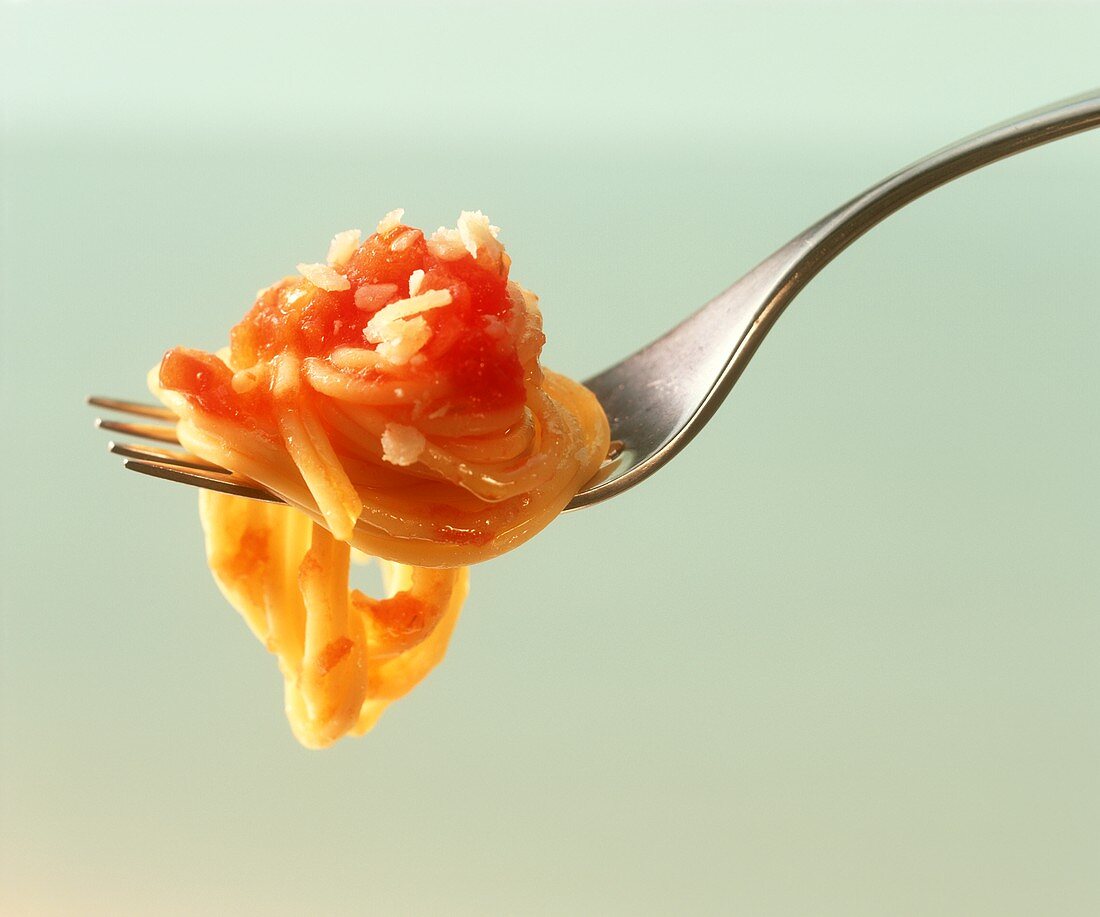 Spaghetti with tomato sugo on fork