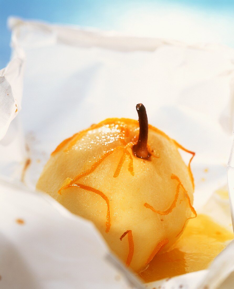 Pear with chocolate filling in paper case