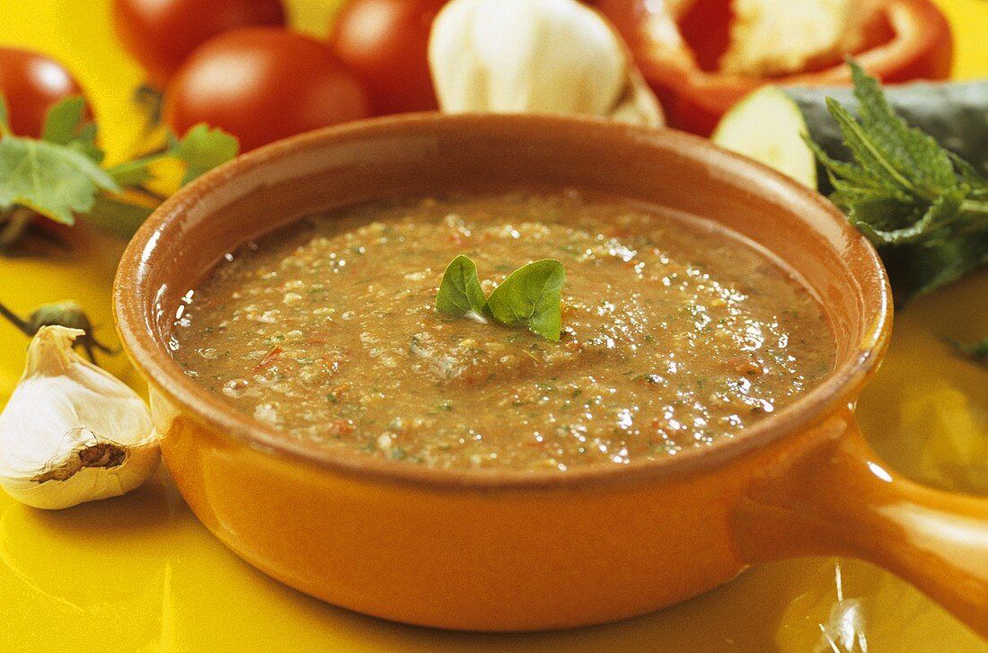 Gazpacho (cold vegetable soup) with herbs