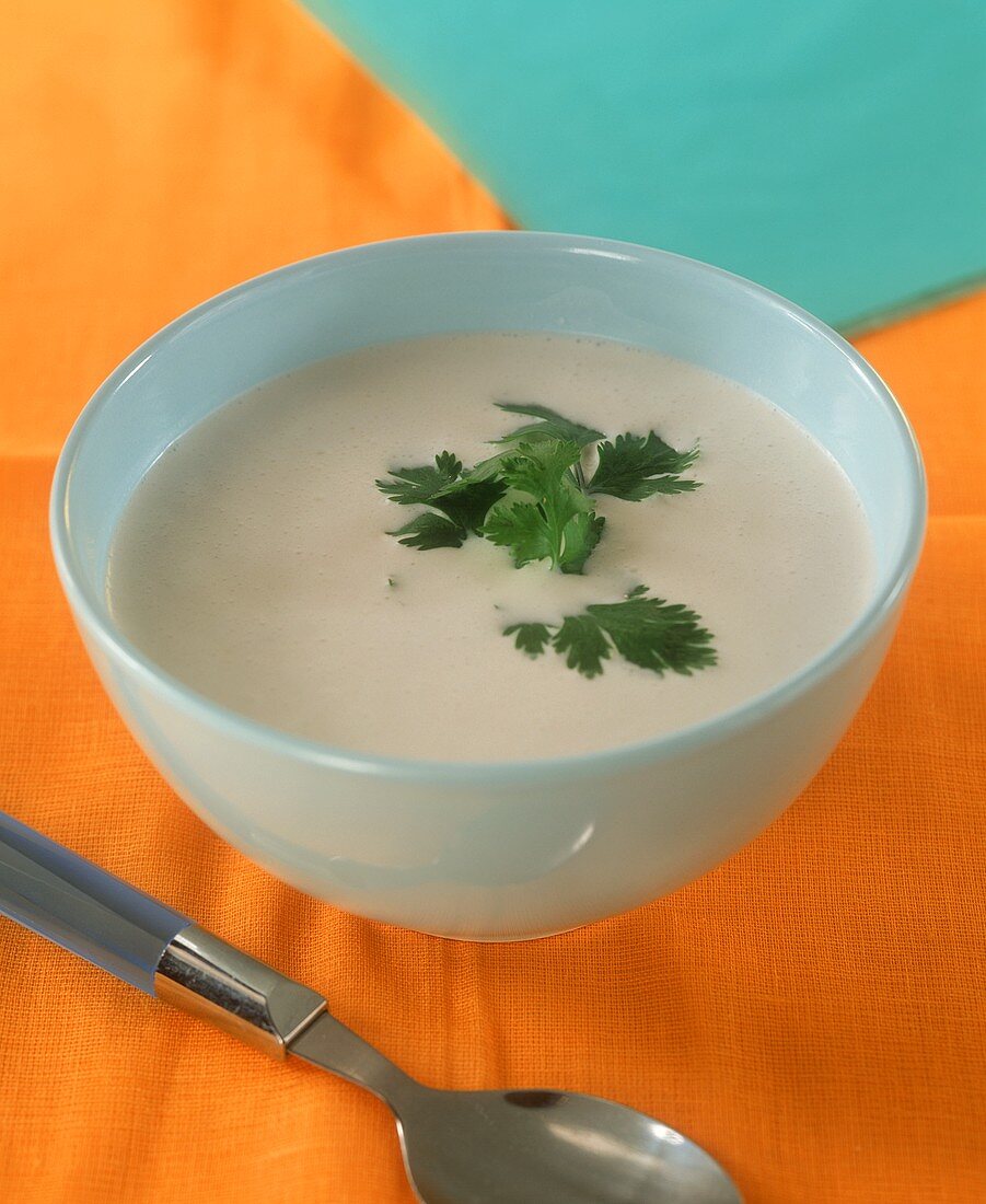 Coconut milk and banana cream with coriander leaves in bowl
